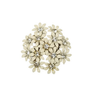 Vintage Brooch White Painted Daisies Bouquet Flowers Clear Prong Set Rhinestones